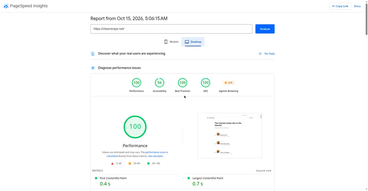 PageSpeed Insights desktop test for clearrecipe.net: Performance 100, SEO 100