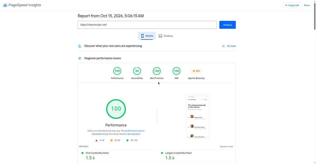 PageSpeed Insights mobile test for clearrecipe.net: Performance 100, SEO 100, Accessibility 94