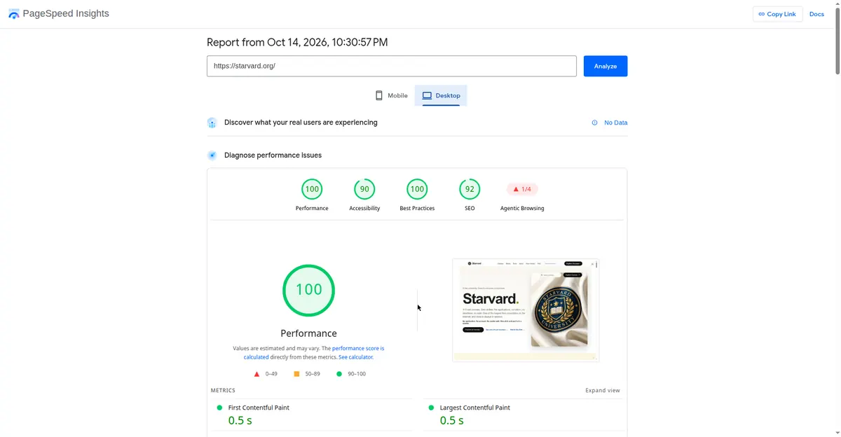 PageSpeed Insights desktop report for starvard.org: Performance 100, Accessibility 90, Best Practices 100, SEO 92