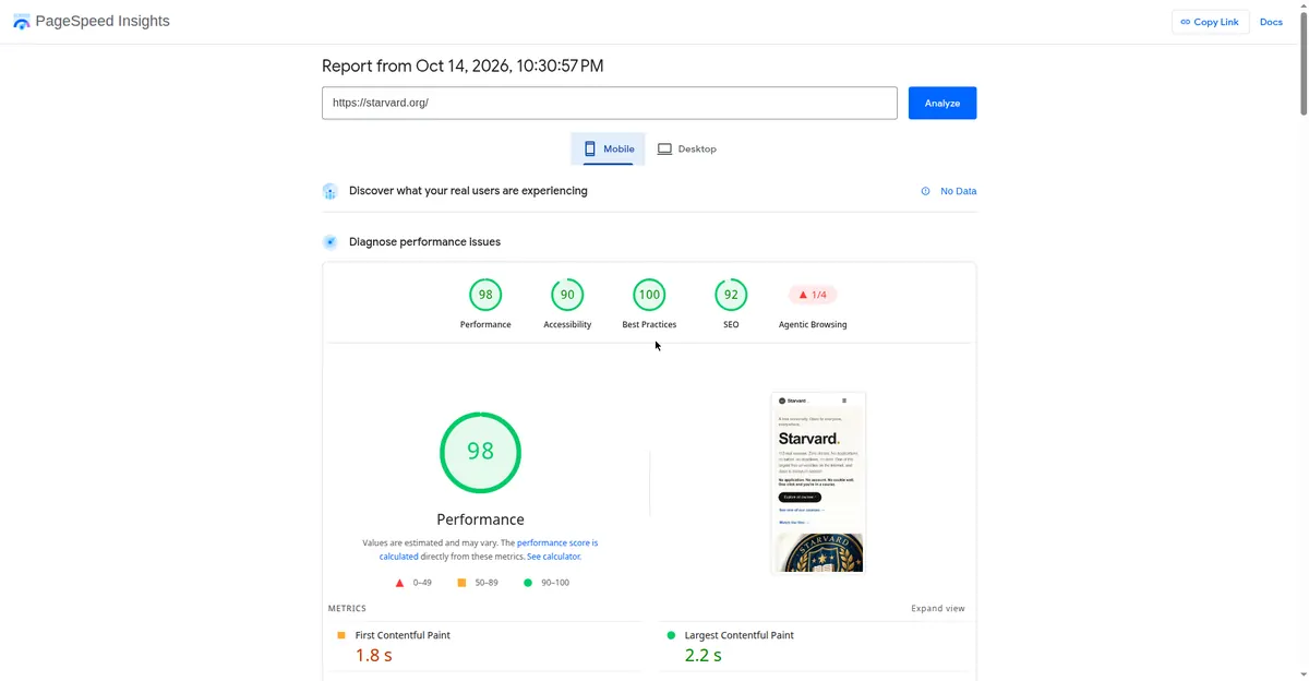 PageSpeed Insights mobile report for starvard.org: Performance 98, Accessibility 90, Best Practices 100, SEO 92