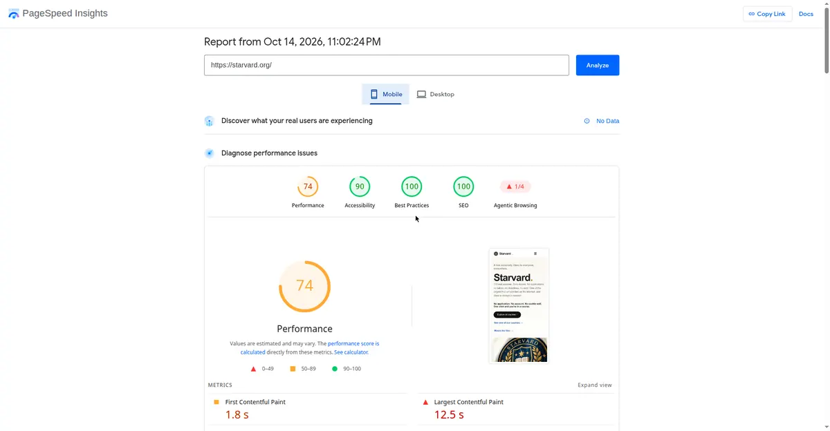 PageSpeed Insights mobile re-test for starvard.org: SEO 100, Performance 74