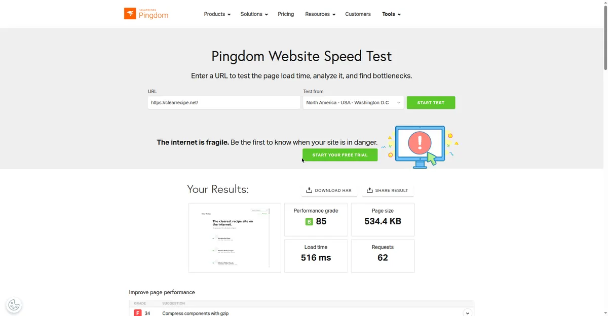 Pingdom test for clearrecipe.net: grade B 85, load time 516 ms, 534.4 KB, 62 requests