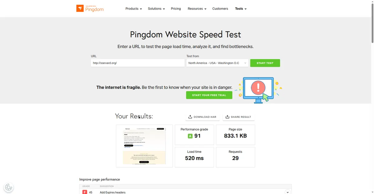 Pingdom improve page performance suggestions for starvard.org, second part