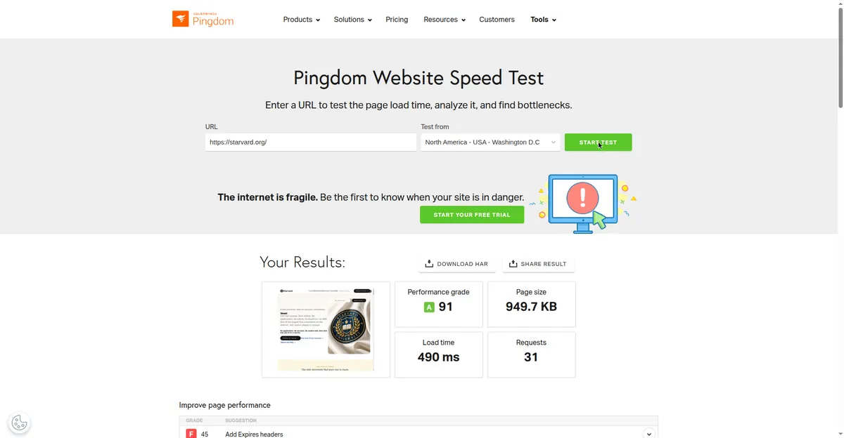Pingdom re-test for starvard.org: grade A 91, load time 490 ms