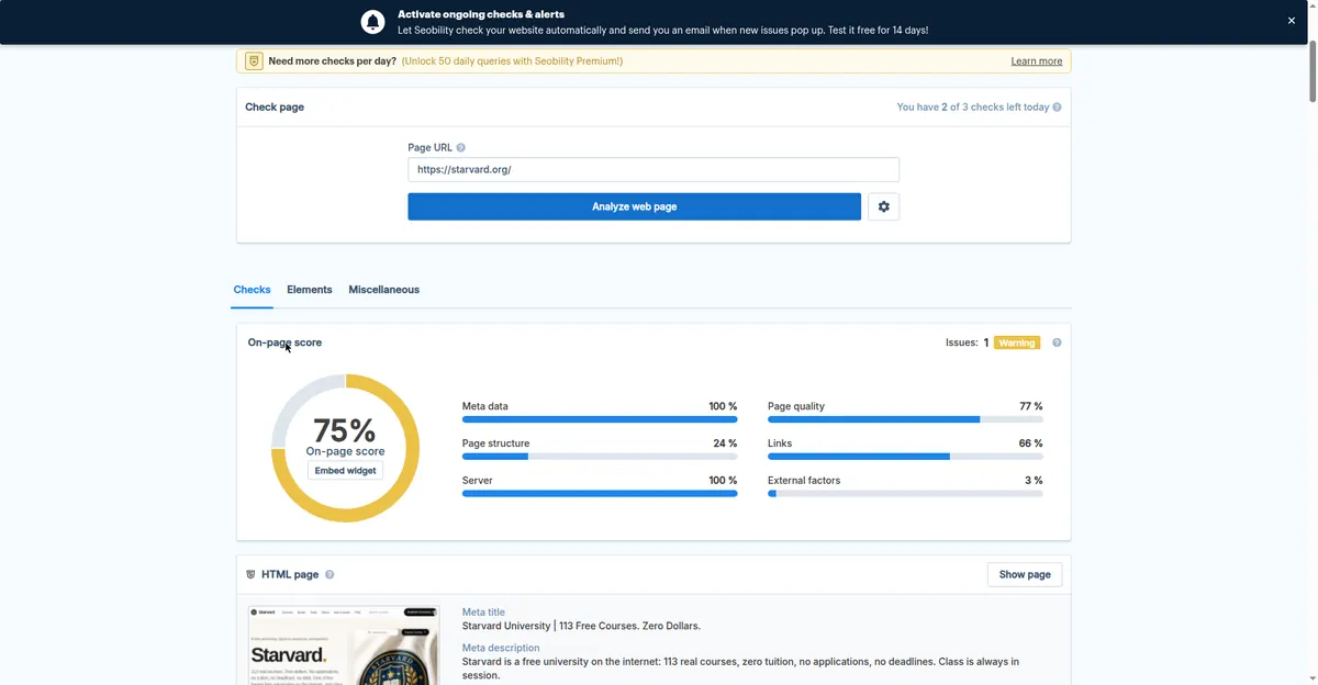 Seobility re-test for starvard.org: overall 75 percent