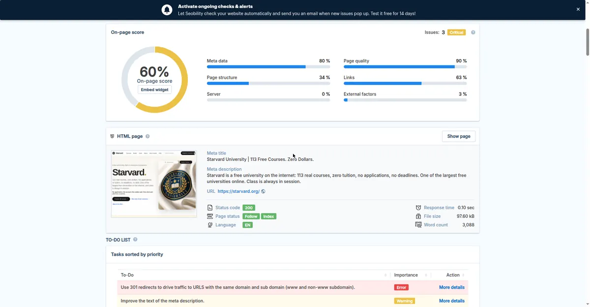 Seobility SEO check for starvard.org: overall 60 percent
