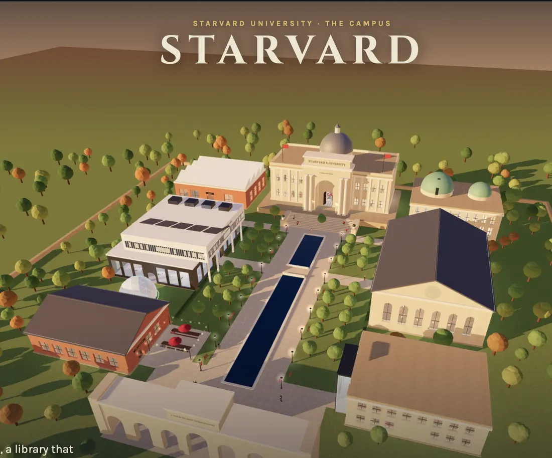 The Starvard 3D campus: library, halls, reflecting pools and the main building