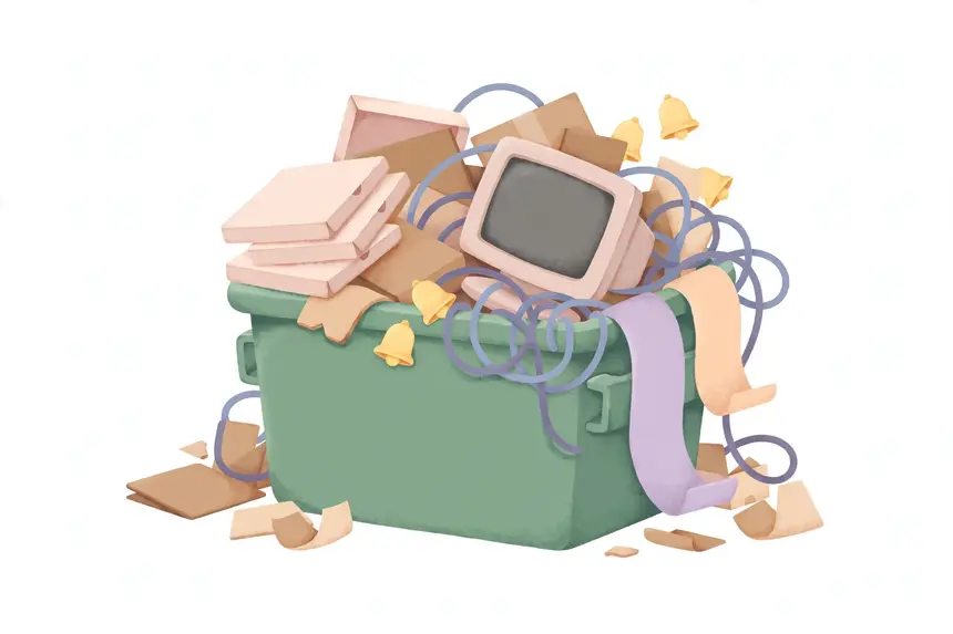 A dumpster overflowing with junk: pizza boxes, cables, an old monitor, ad banners
