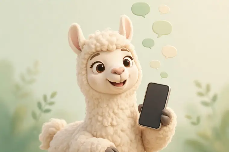 A friendly llama holding a phone, speech bubbles floating up