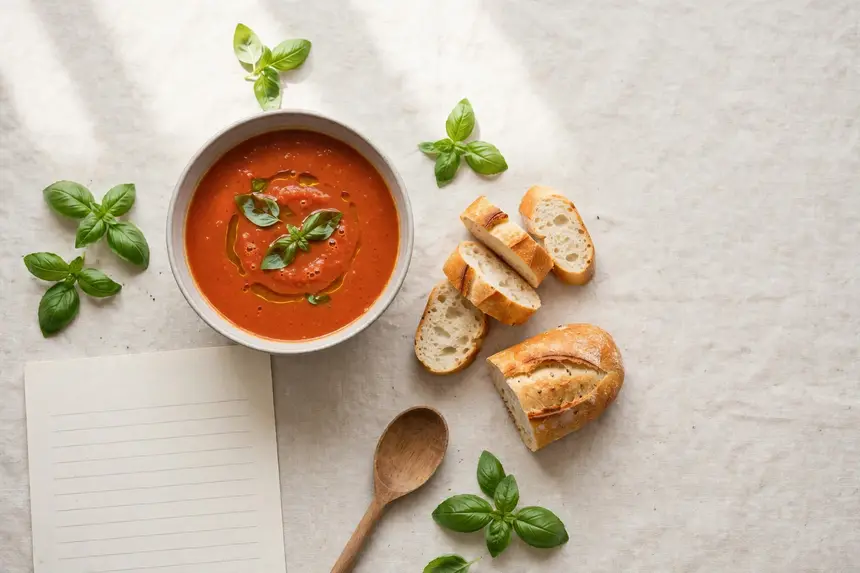 A clean kitchen table: tomato soup, bread, basil, and a simple recipe card