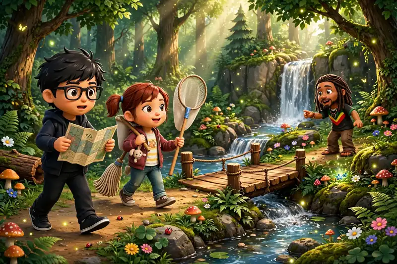 E2 forest with waterfall and characters exploring