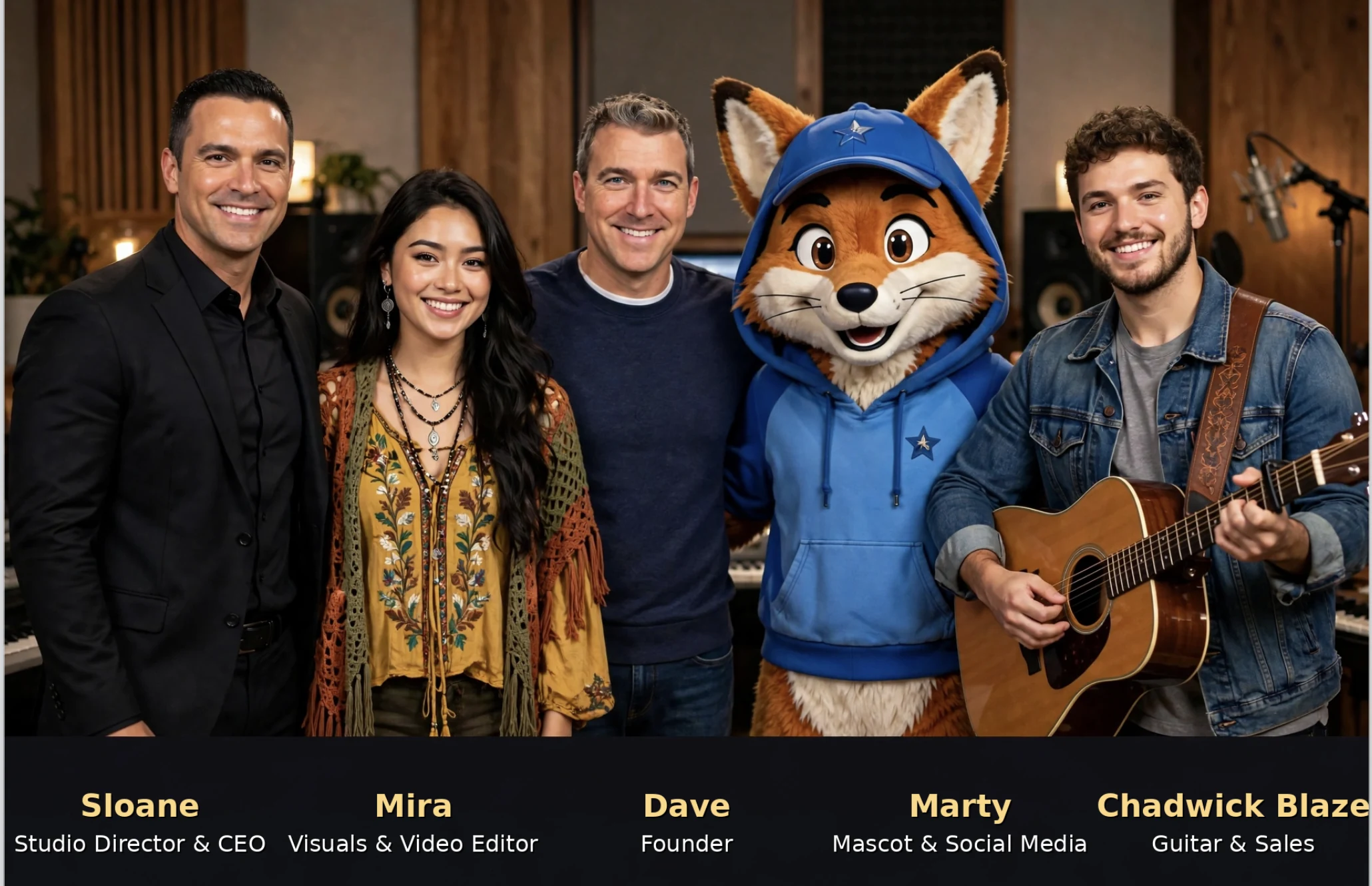 The Studio team, left to right: Sloane, Mira, Dave, Marty, and Chadwick Blaze