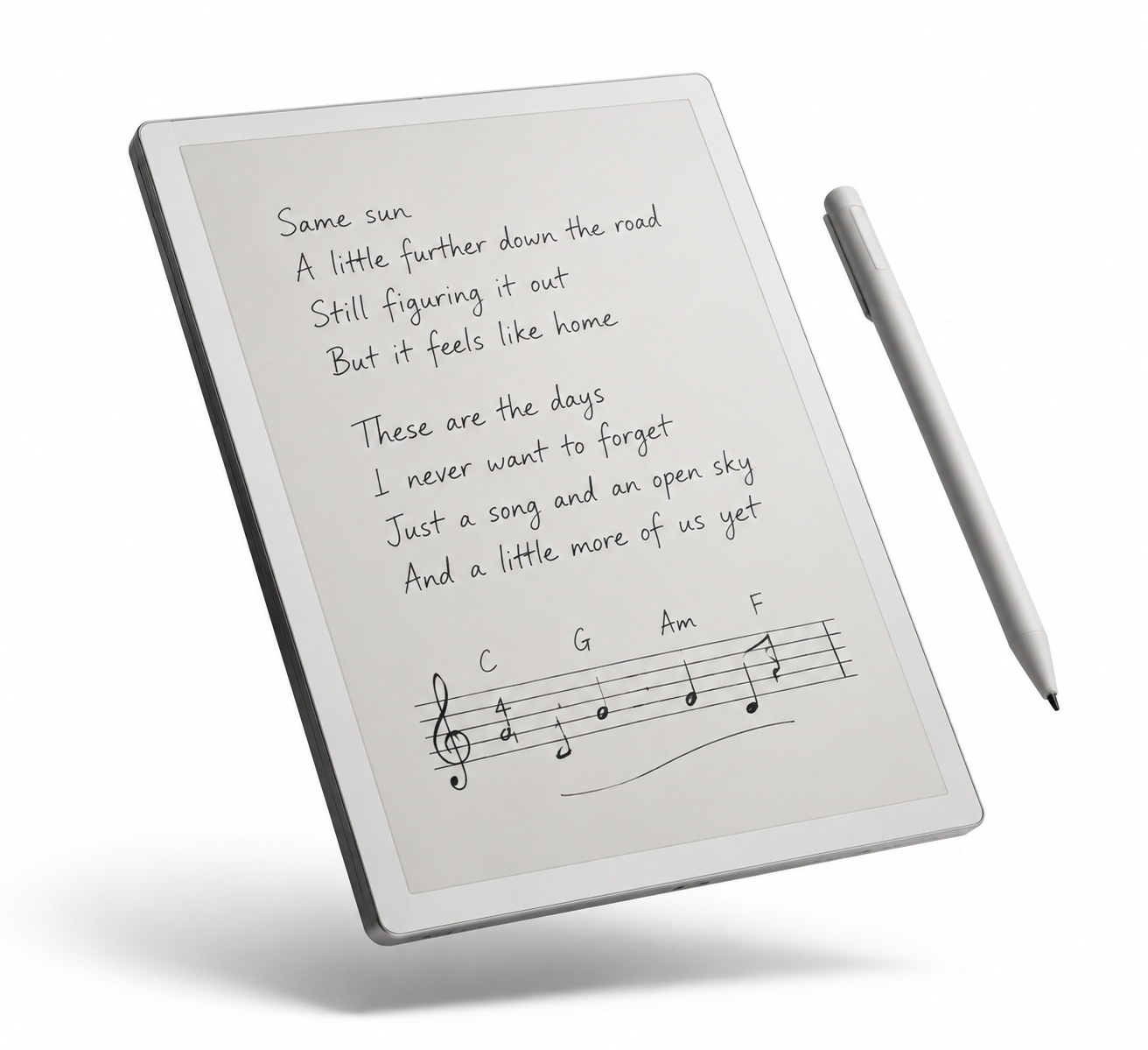 reMarkable tablet with handwritten song lyrics and melody