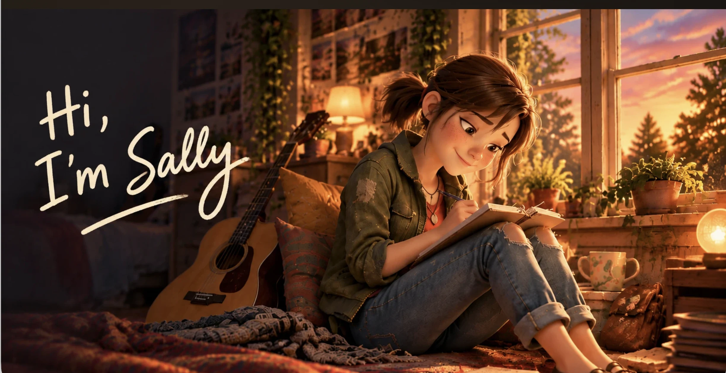 Sally sitting on her bedroom floor rug, writing songs in her notebook in warm lamplight