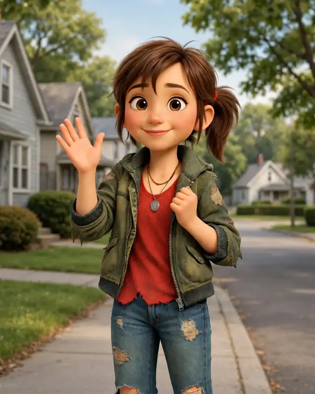 Sally waving hello on a sunny street
