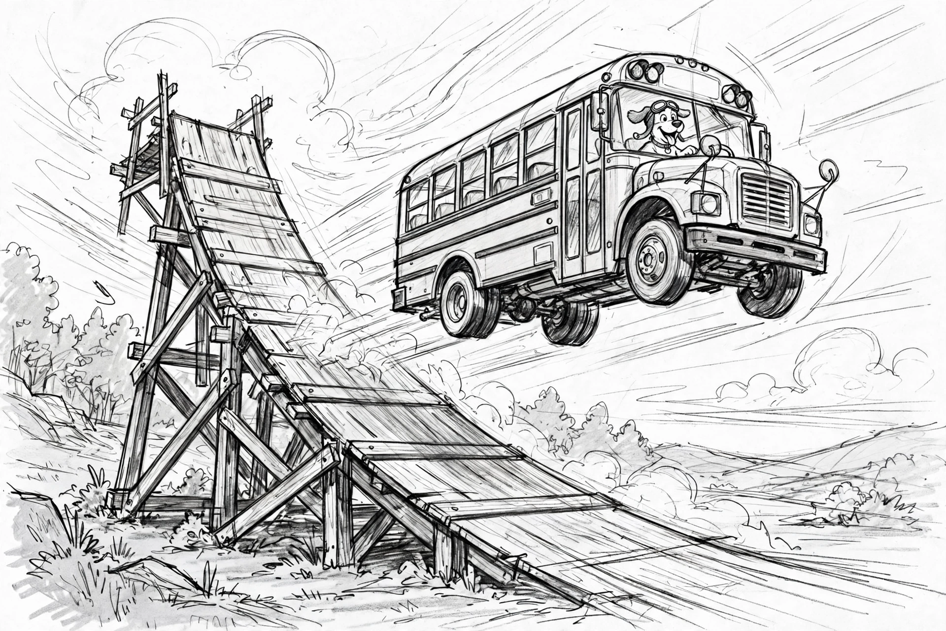 Sketch: the bus jump, Biscuit driving