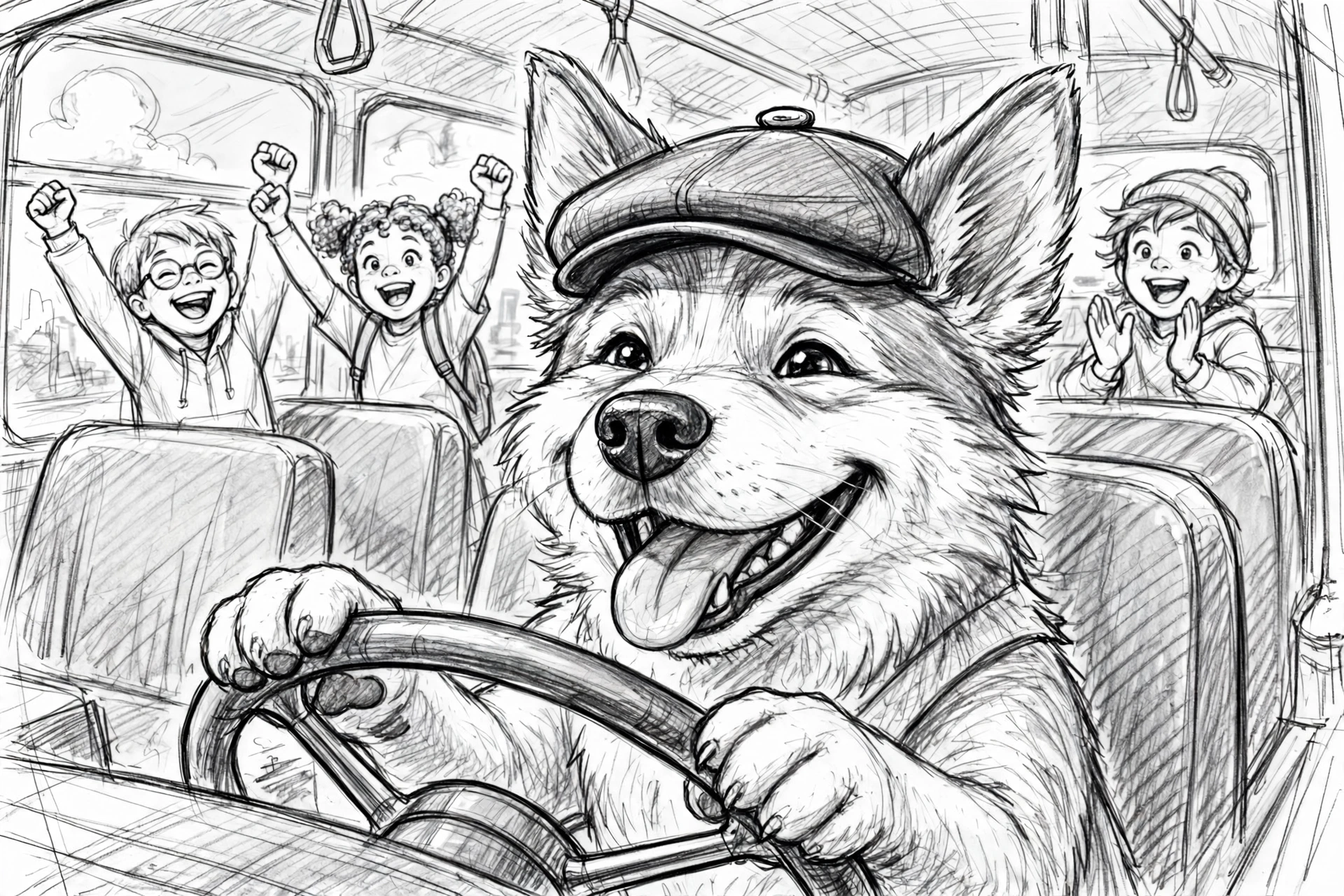 Sketch: Biscuit at the wheel
