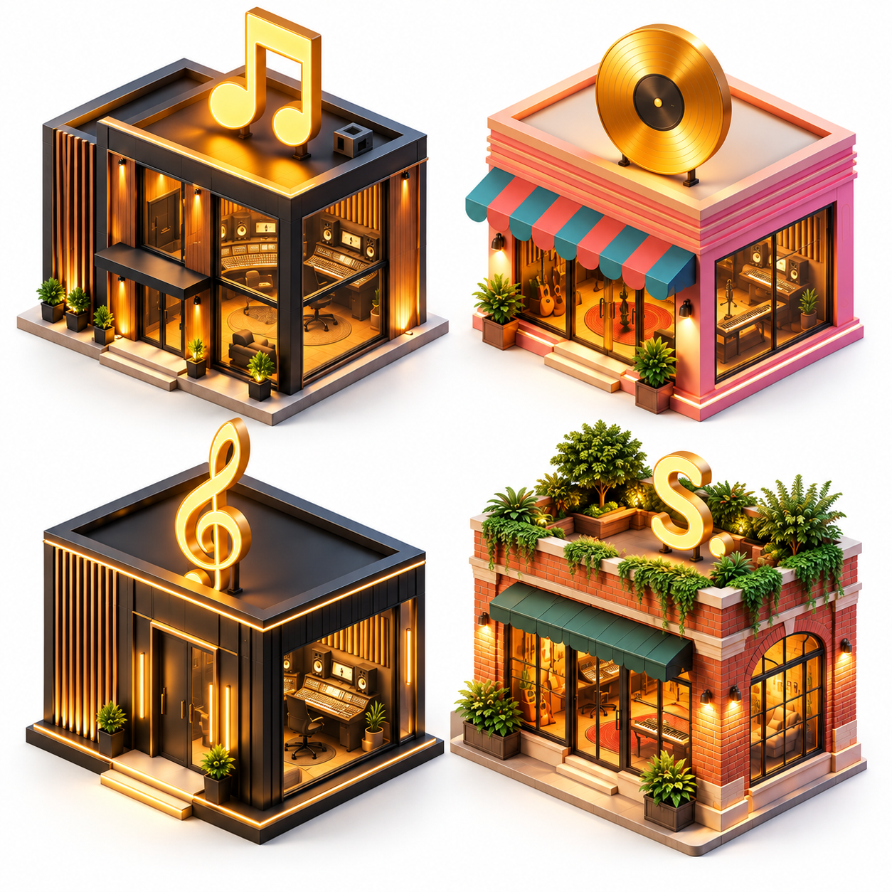 Four isometric cartoon concept views of The Studio building on white backgrounds