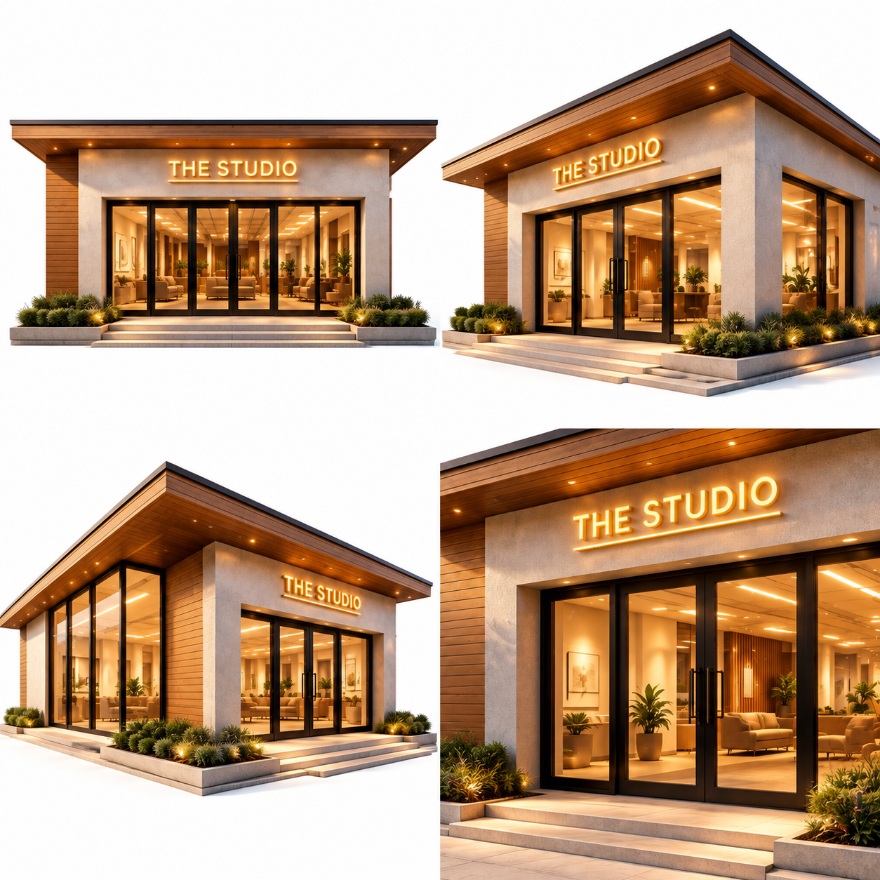 Four photorealistic concept views of The Studio building on white backgrounds
