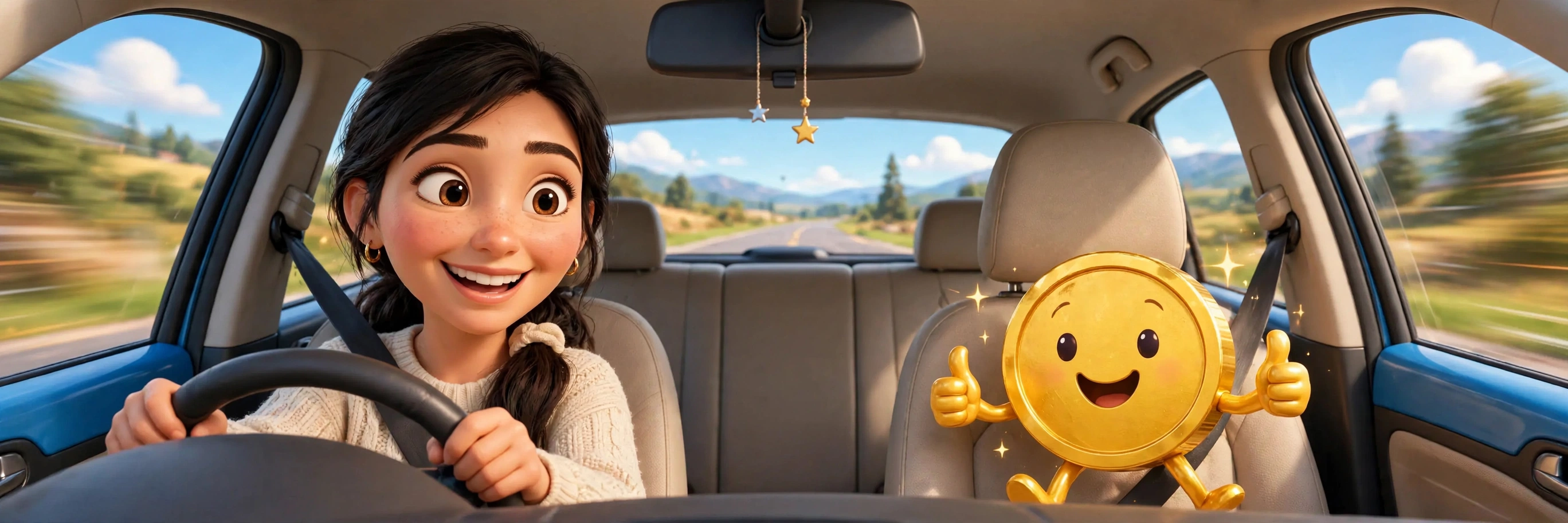 Sam driving the Autopilot car down the road, with Tippy the gold coin riding in the passenger seat giving two thumbs up