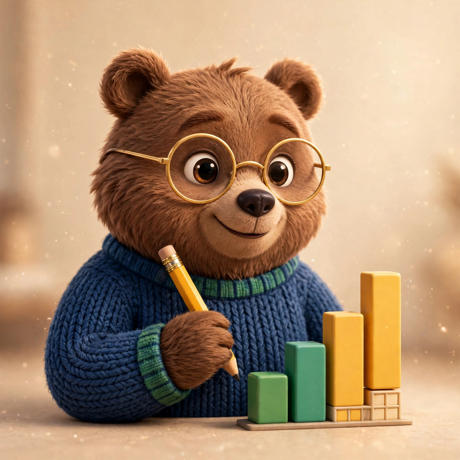 Bear Metrics bear, wearing gold glasses and holding a pencil