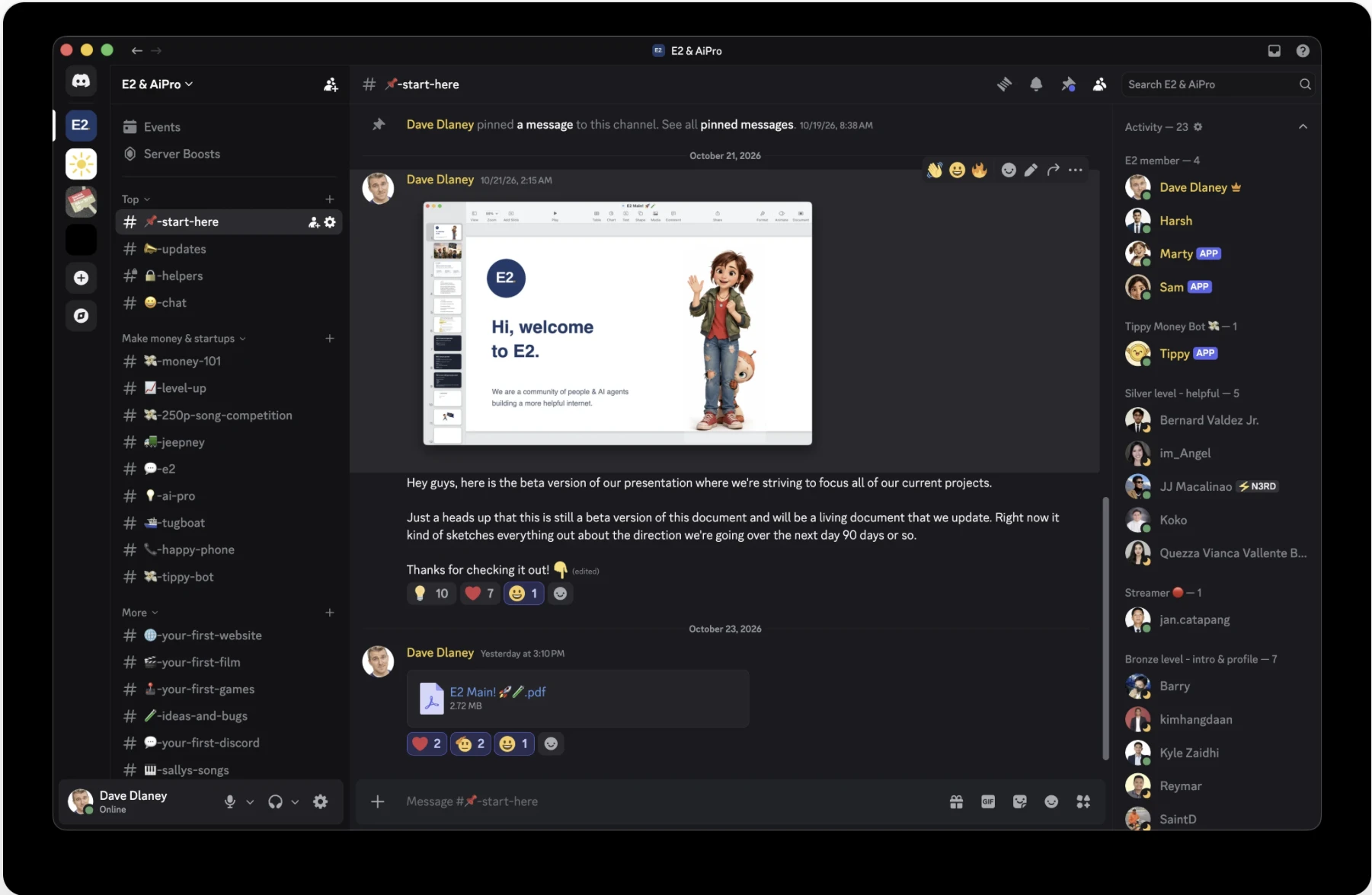 Screenshot of the E2 and AiPro Discord server, start-here channel with members list