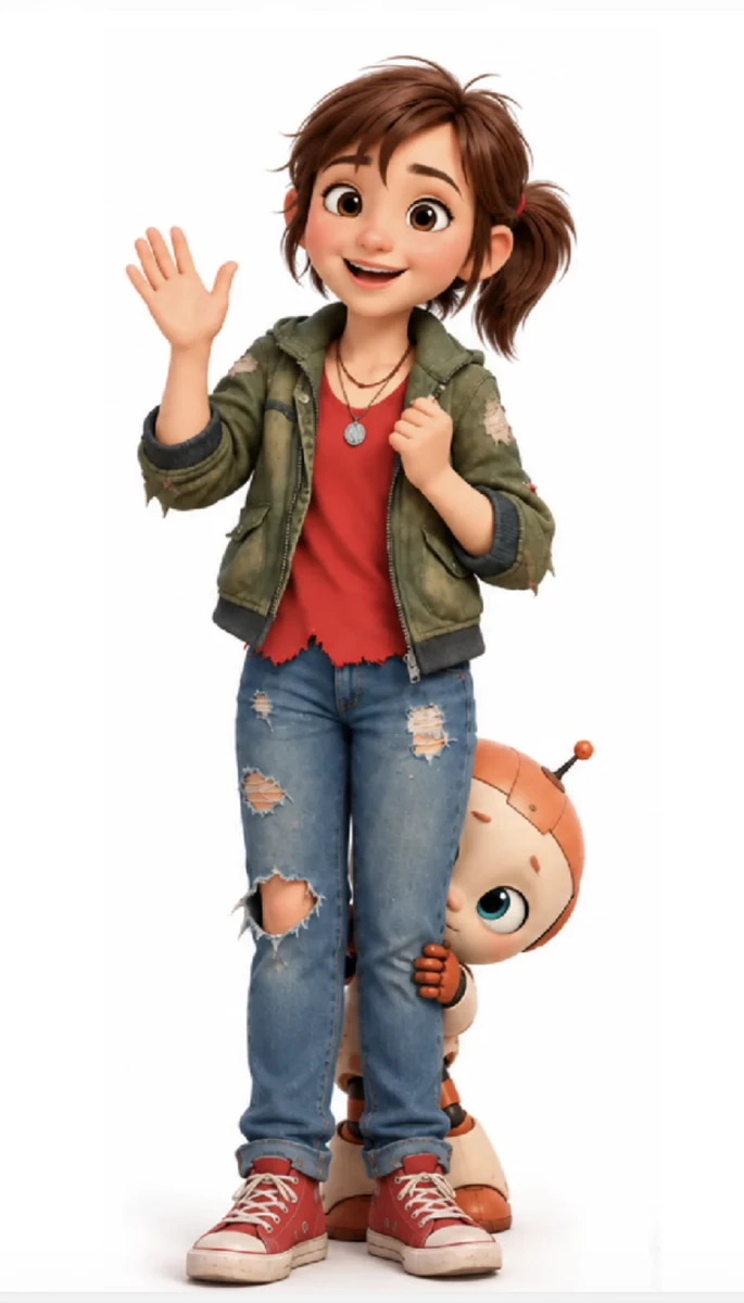 Sally waving hello, with Doodle the little robot peeking out from behind her