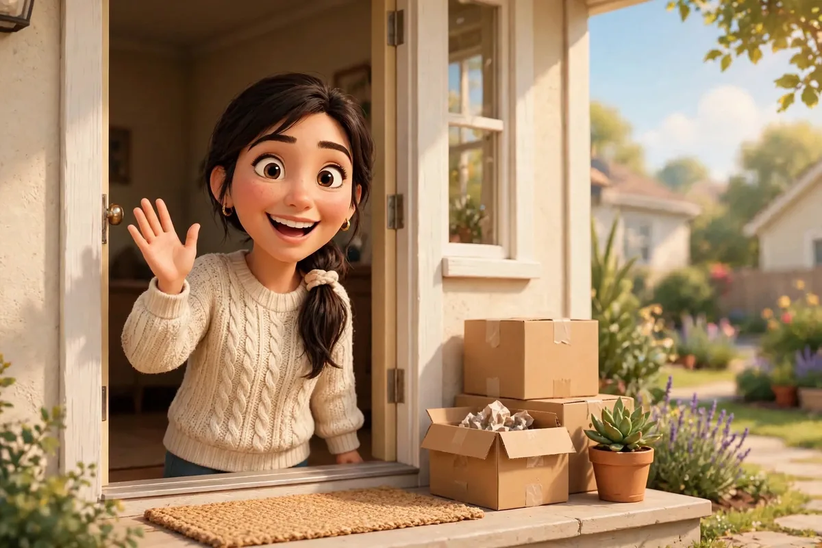 Sam waving from the doorway of her new home, moving boxes beside her