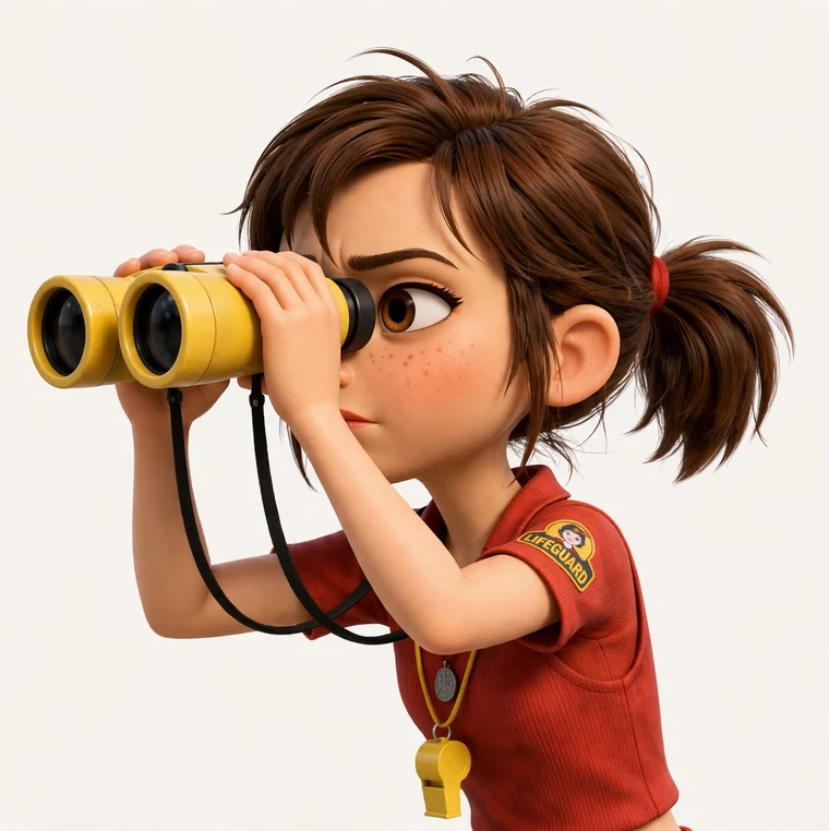 Sally the lifeguard keeping watch over all the bounty submissions through her binoculars
