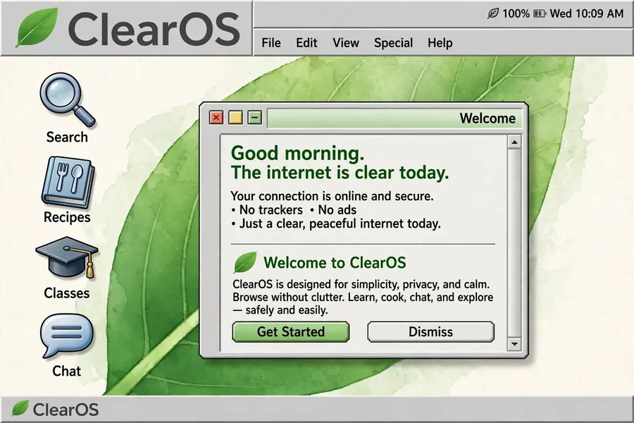 Retro ClearOS desktop with leaf wallpaper and chunky icons