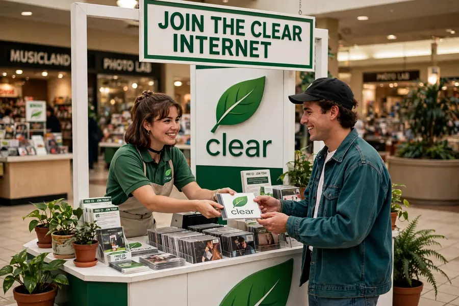 Clear mall kiosk handing out CDs in the 90s