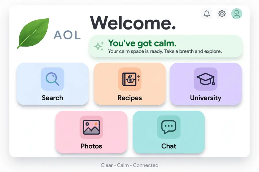 Clear welcome dashboard with friendly tiles and a You have got calm banner