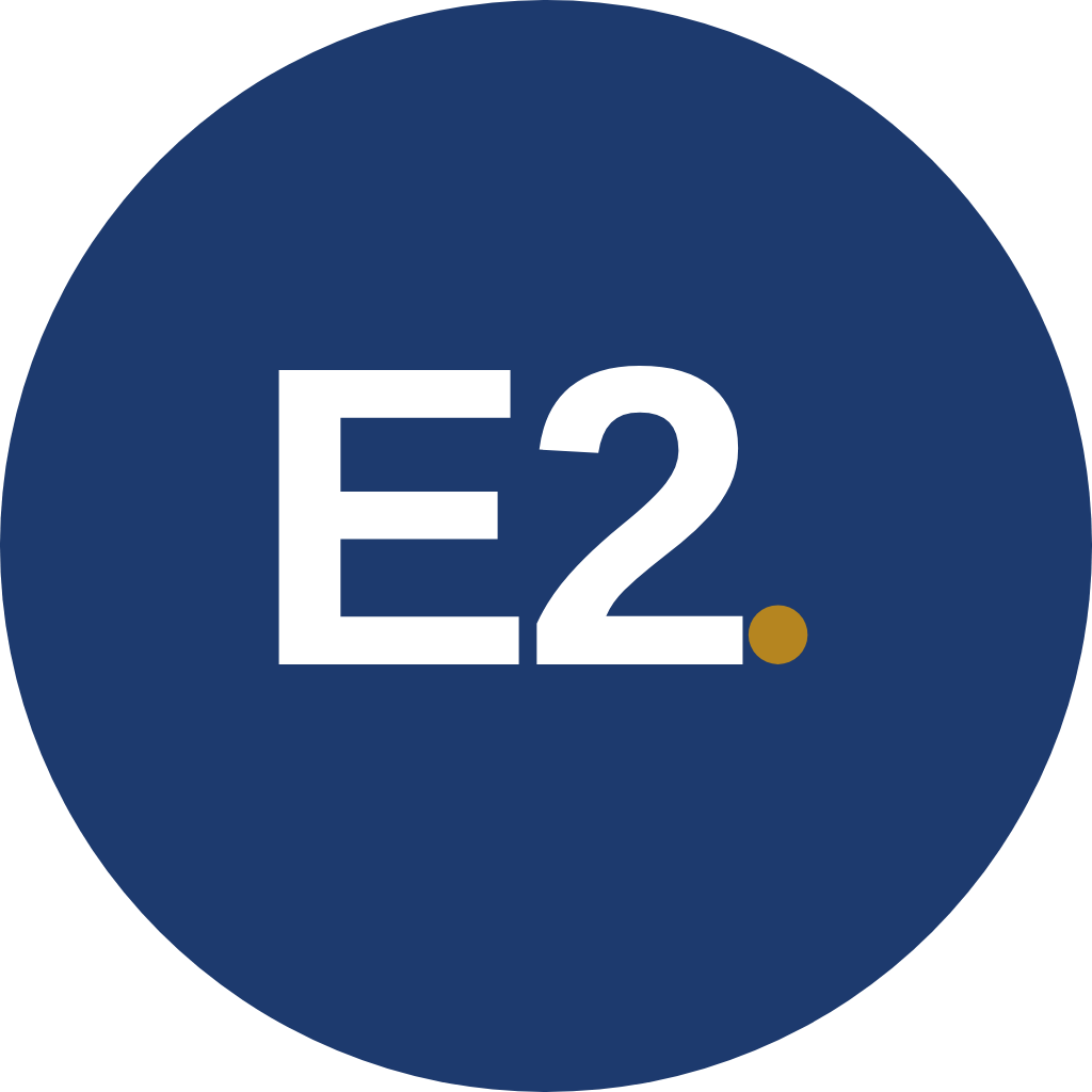 The E2 logo in white with a gold period, on a blue circle