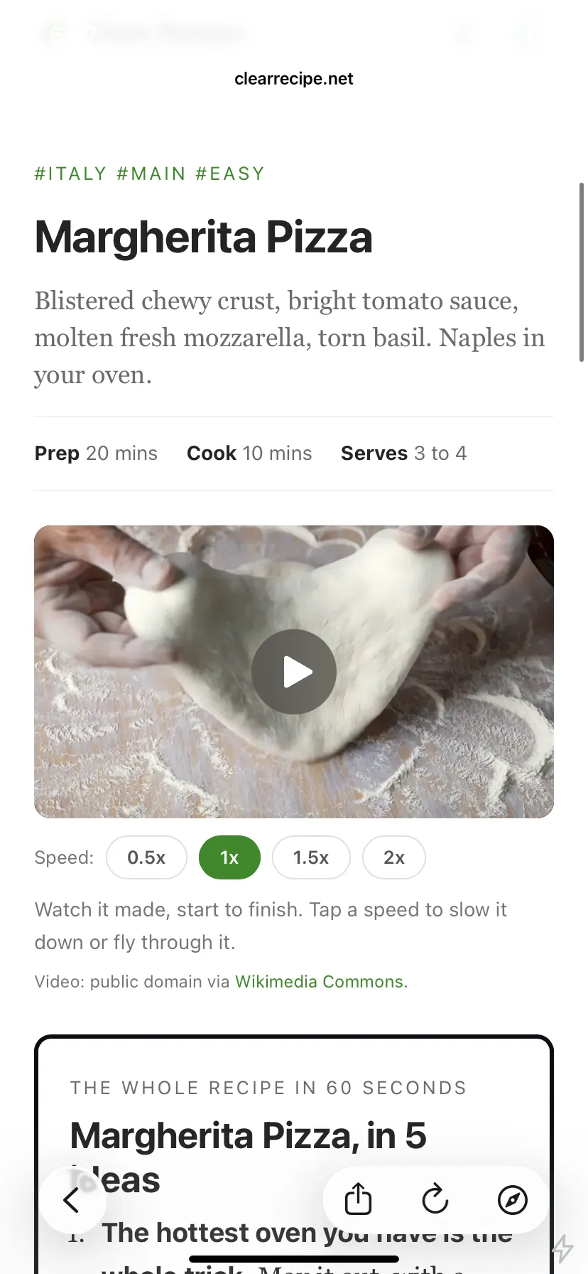 Margherita Pizza recipe page on Clear Recipe showing the video and prep details