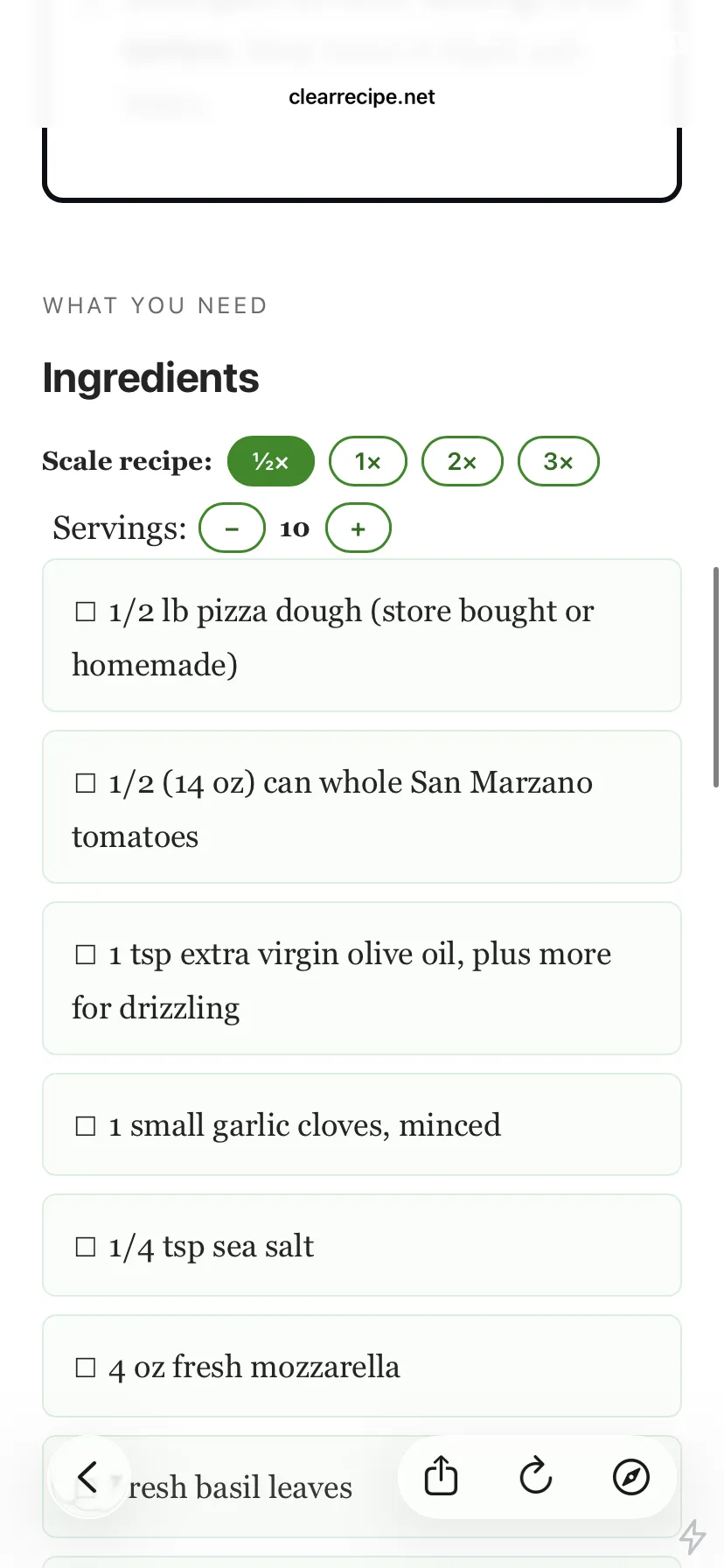 Margherita Pizza ingredients with scale set to half and the servings counter showing 10