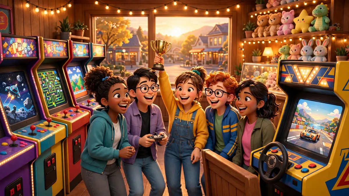 Players celebrating a win inside the E2 Arcade