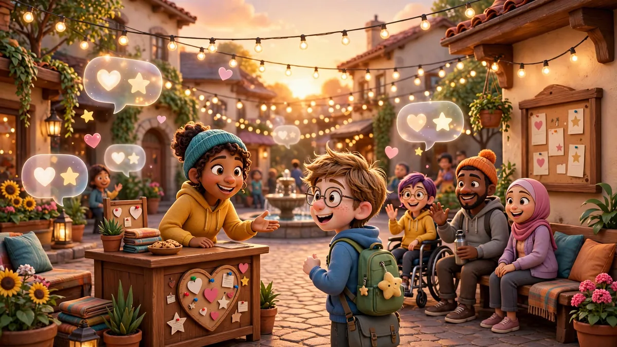 A newcomer being welcomed in the E2 town square