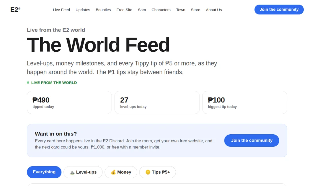 Preview of the World Feed: level ups, money milestones, and every Tippy tip as it happens