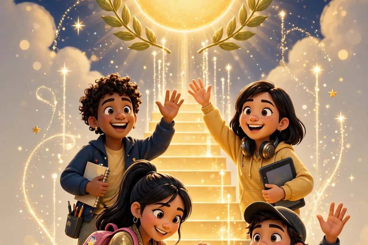 Art from the Level Up page: members climbing golden stairs toward the light, Bronze, Silver, Gold and the top