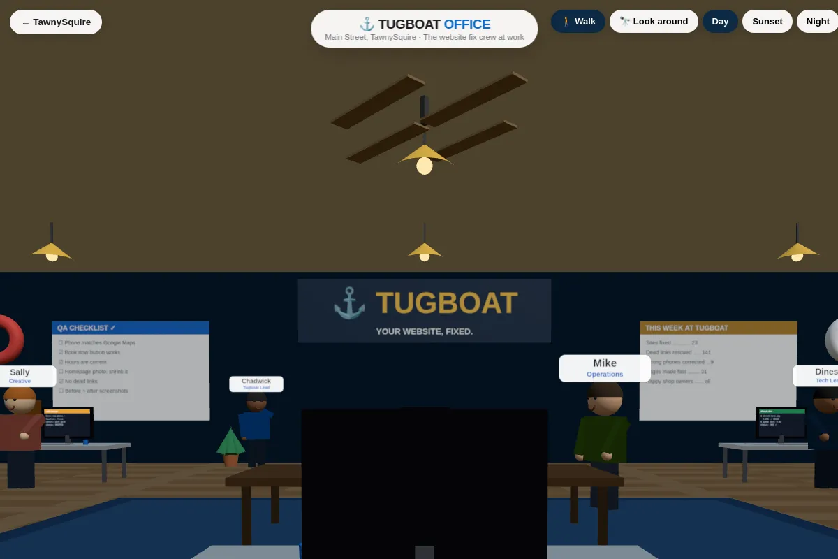 Preview of the Tugboat Office in 3D: the walkable office with the big TUGBOAT sign
