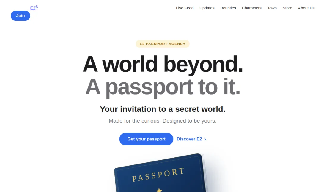 Preview of the E2 Passport page: A world beyond. A passport to it., with the navy passport book