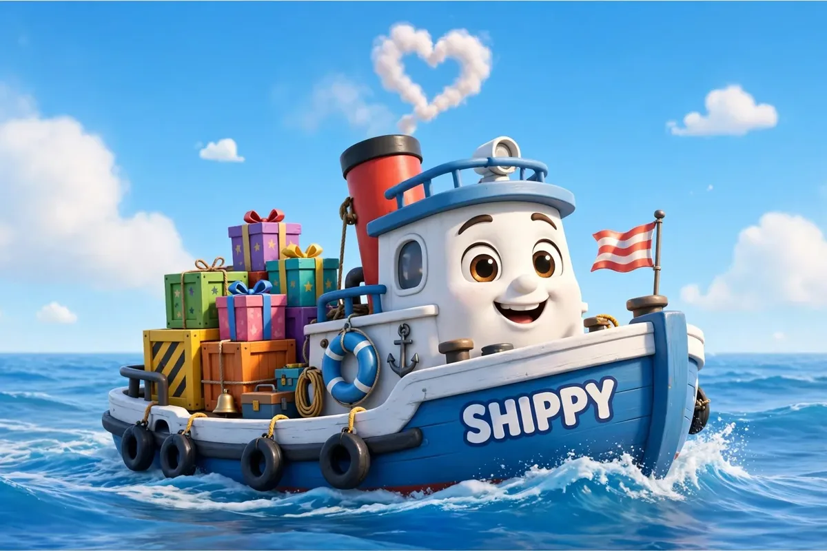 Shippy the tugboat, loaded with gift boxes, from the Shippy page: every recent shipment in the network, logged in the open