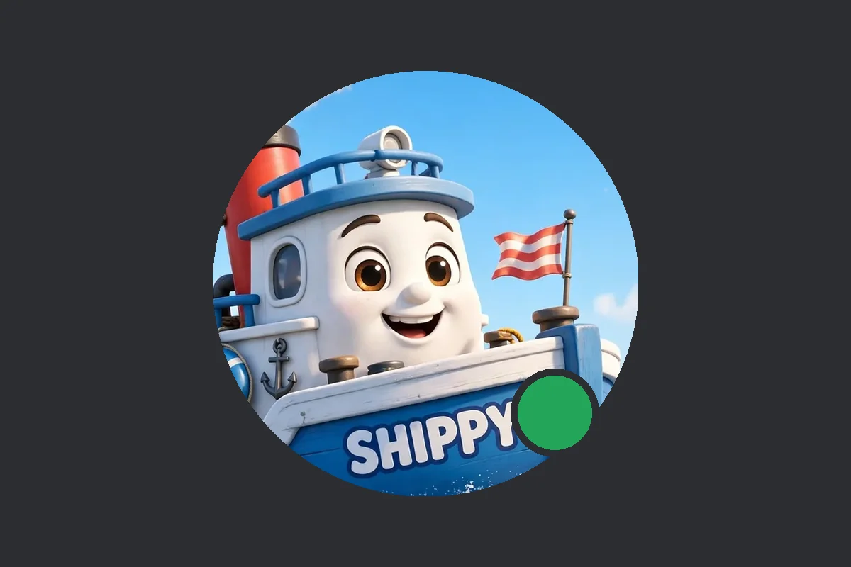 Shippy close up: the smiling tugboat face of Shippy the bot, E2's delivery reporter