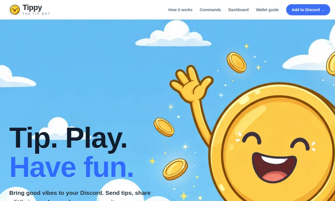 Preview of Tippy, the tip bot: Tip. Play. Have fun., with the smiling gold coin mascot