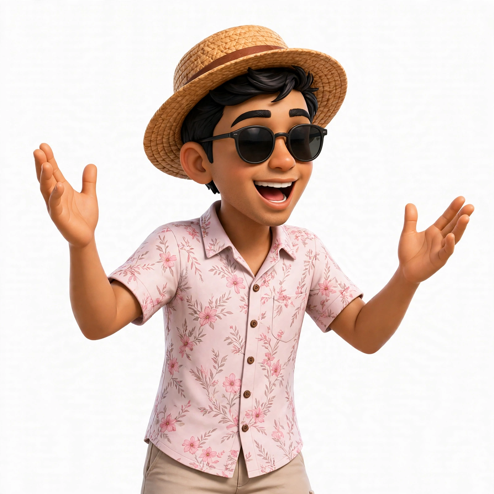 Harsh, excitedly explaining his Arcade proposal, both hands in the air, big smile, on a white background
