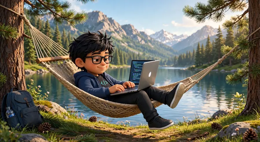 Dinesh coding from a hammock by the lake