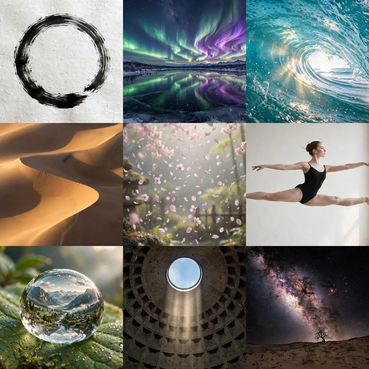 A 3x3 grid of the nine most beautiful things: enso, aurora, wave, dunes, cherry blossoms, ballet, dewdrop, Pantheon oculus, Milky Way