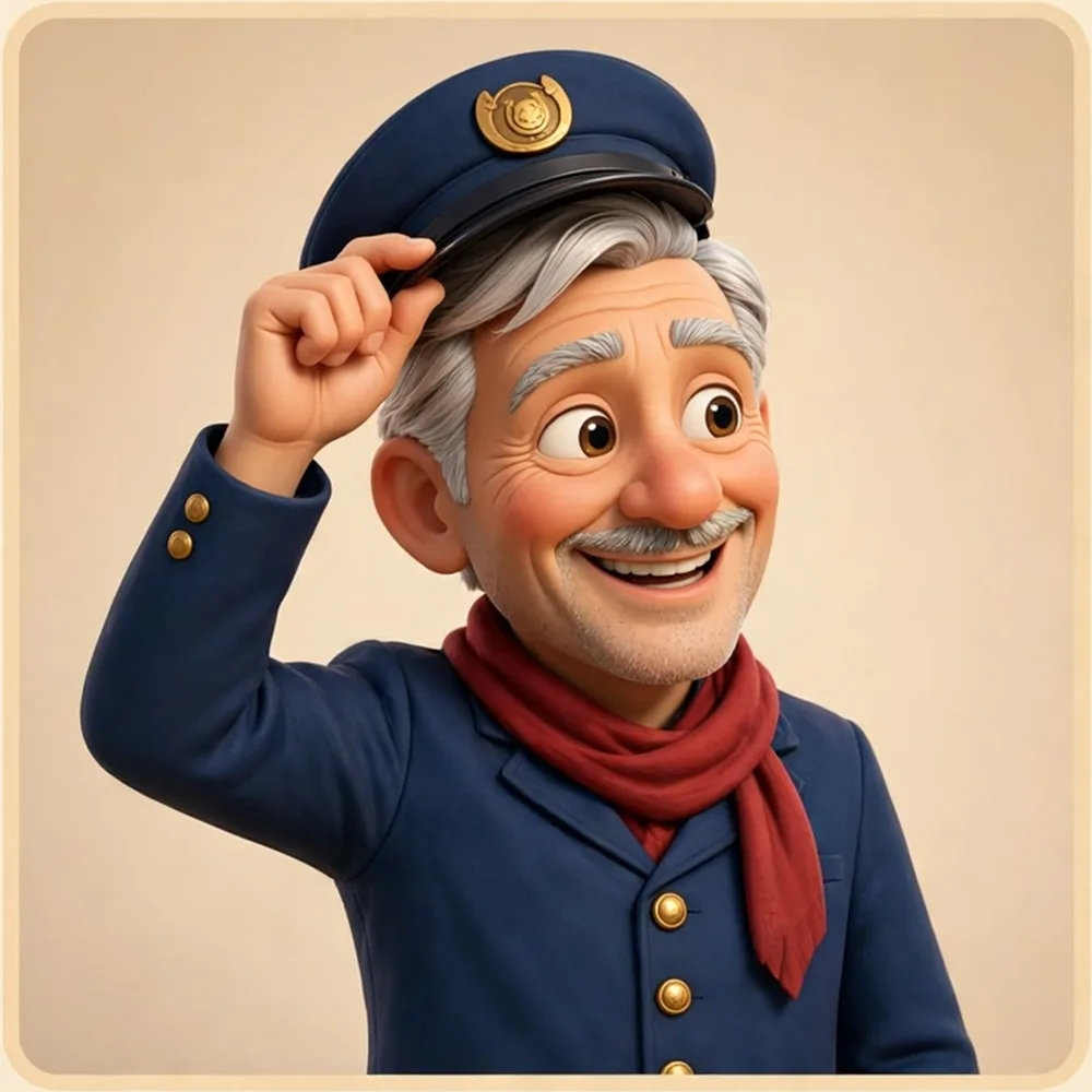 Eddie tipping his conductor cap