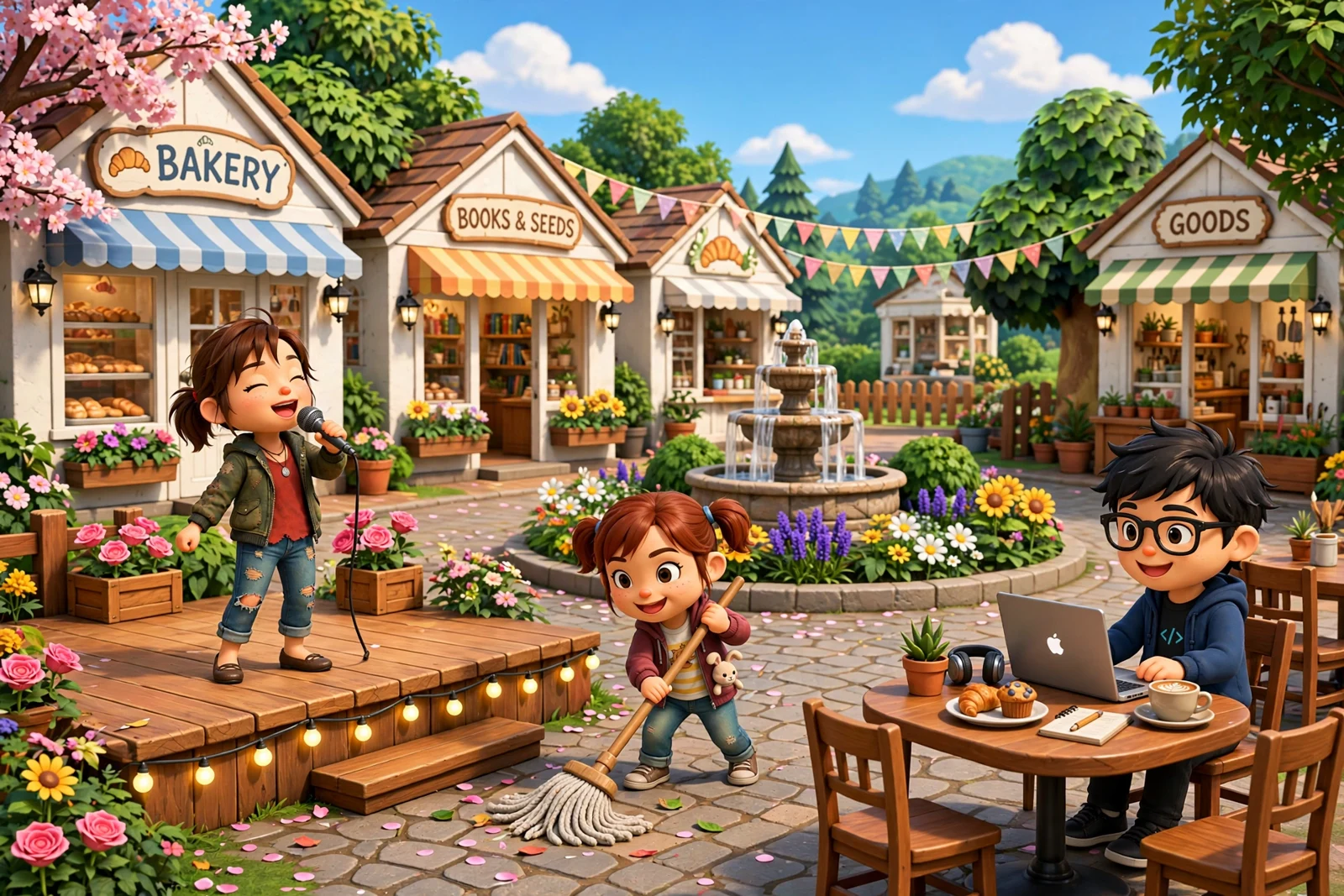 E2 Island game world artwork, with the E2 characters in a sunny town square