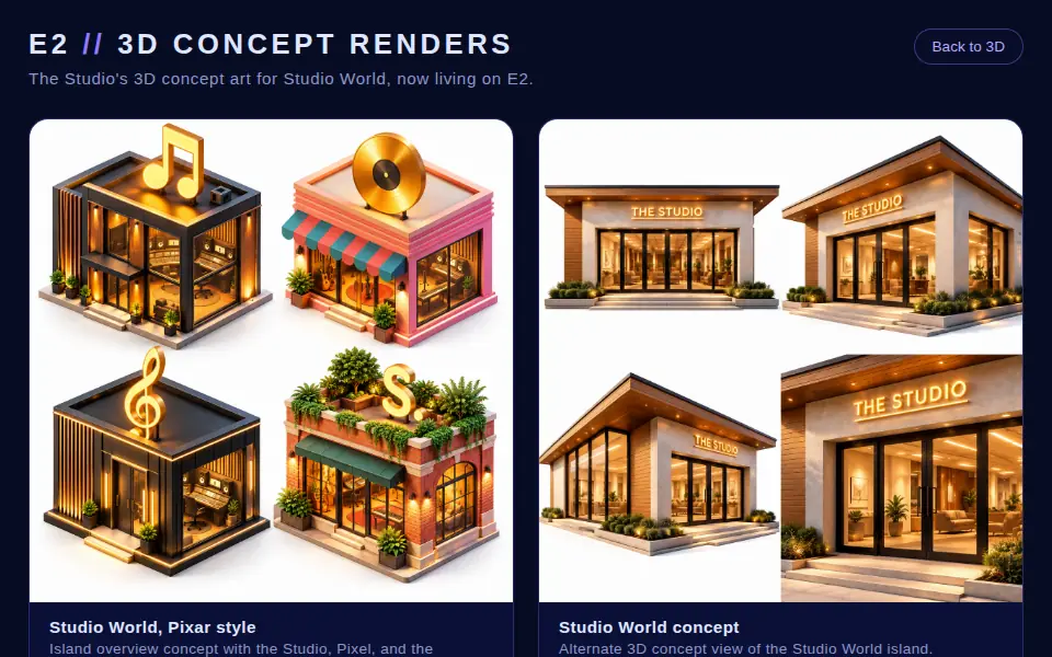 Pixar-style 3D concept renders of Studio World buildings